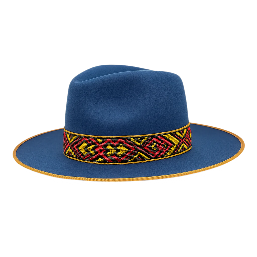 Royal Indigo Fedora – 100X Fur Felt Blue Hat with African Print Band